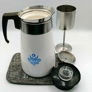 2 x 🪼HP! Blue Corn Flower Corning ware 9 Cup Stovetop Coffee Maker. Vintage